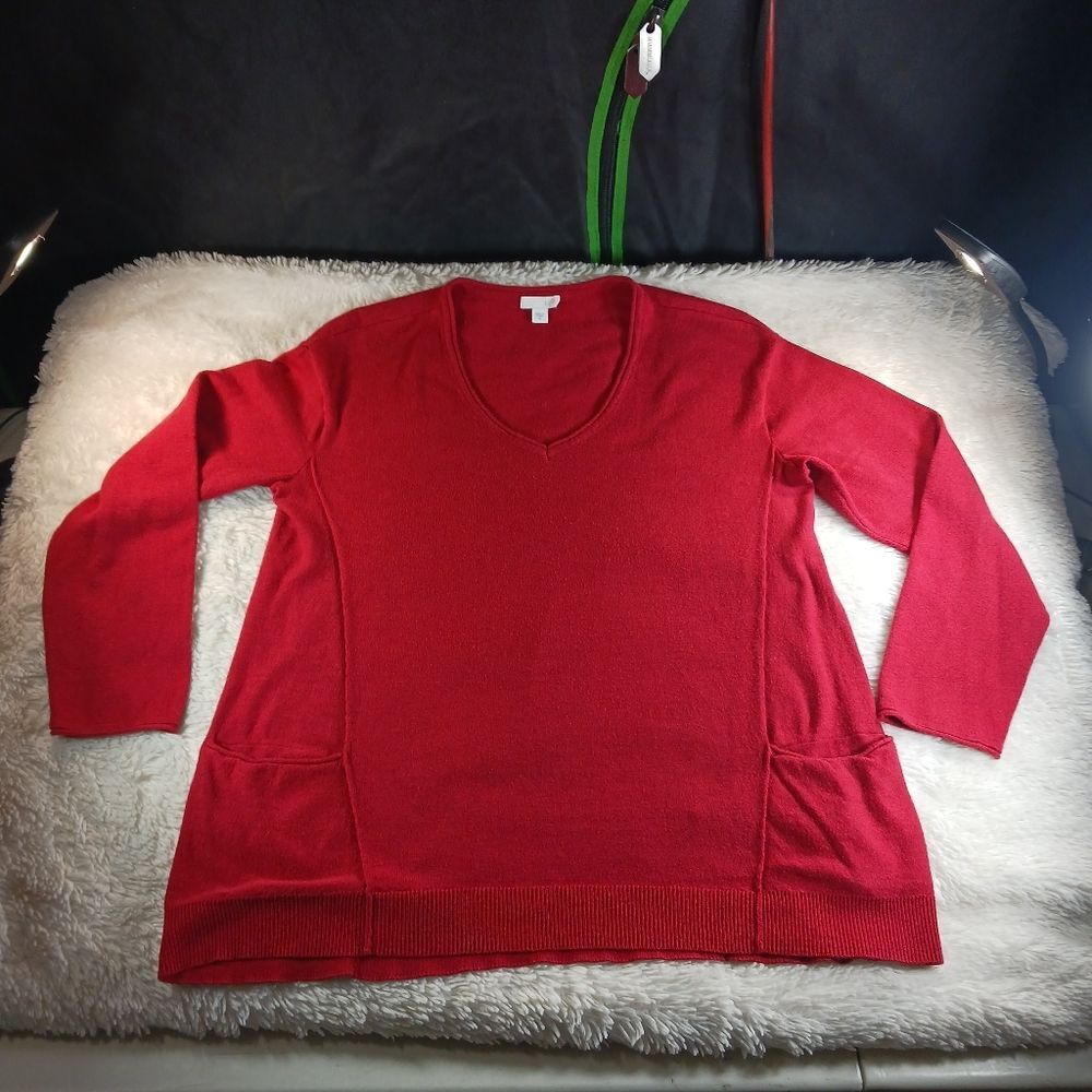 J. Jill Pure Jill Cotton Blend Front Pocket Red Sweater V-Neck Size Medium - Picture 4 of 11